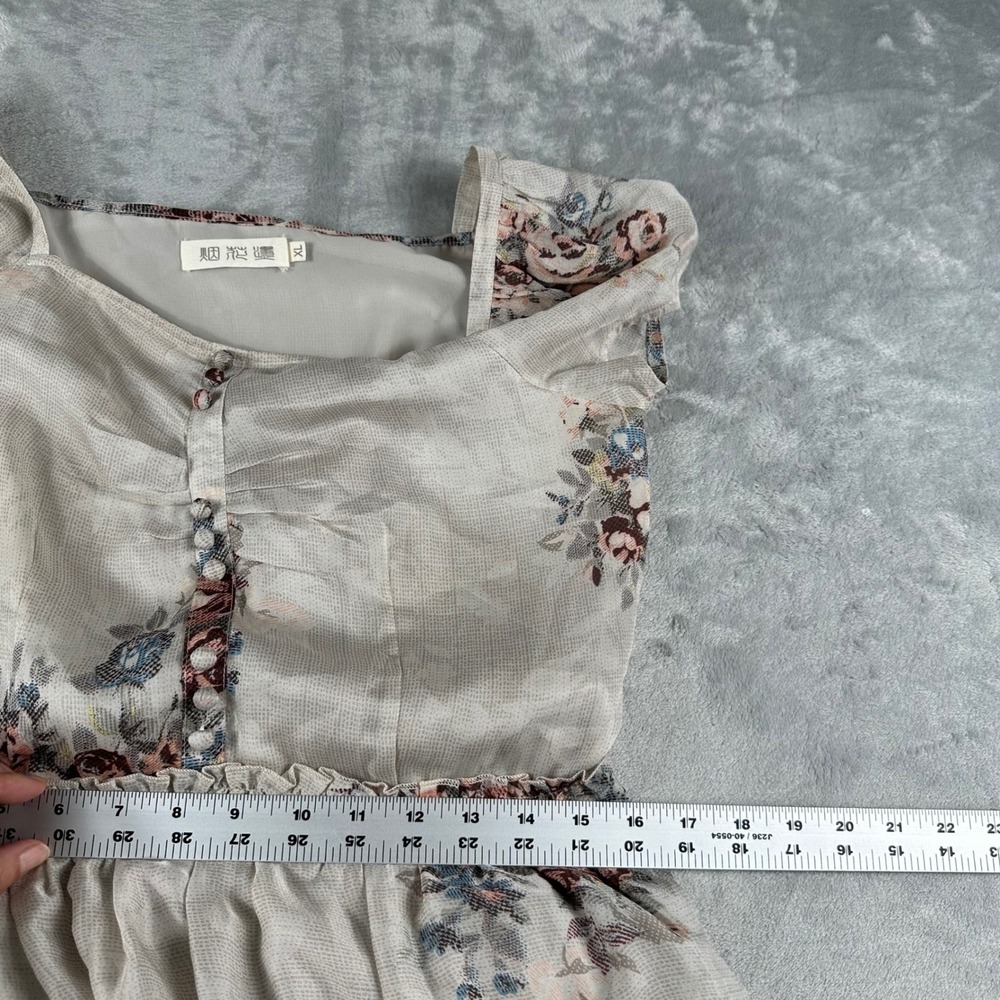 Floral Tiered Dress Women XL Fit Medium Beige Cottagecore Romantic Prairie - Picture 5 of 9